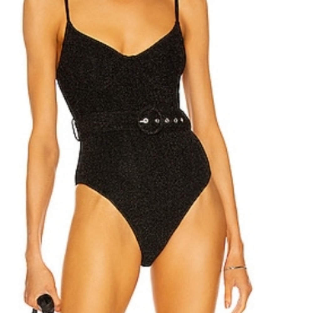 Jonathan Simkhai Noa Belted Bustier Swimsuit in Black Metallic - Picture 2 of 14